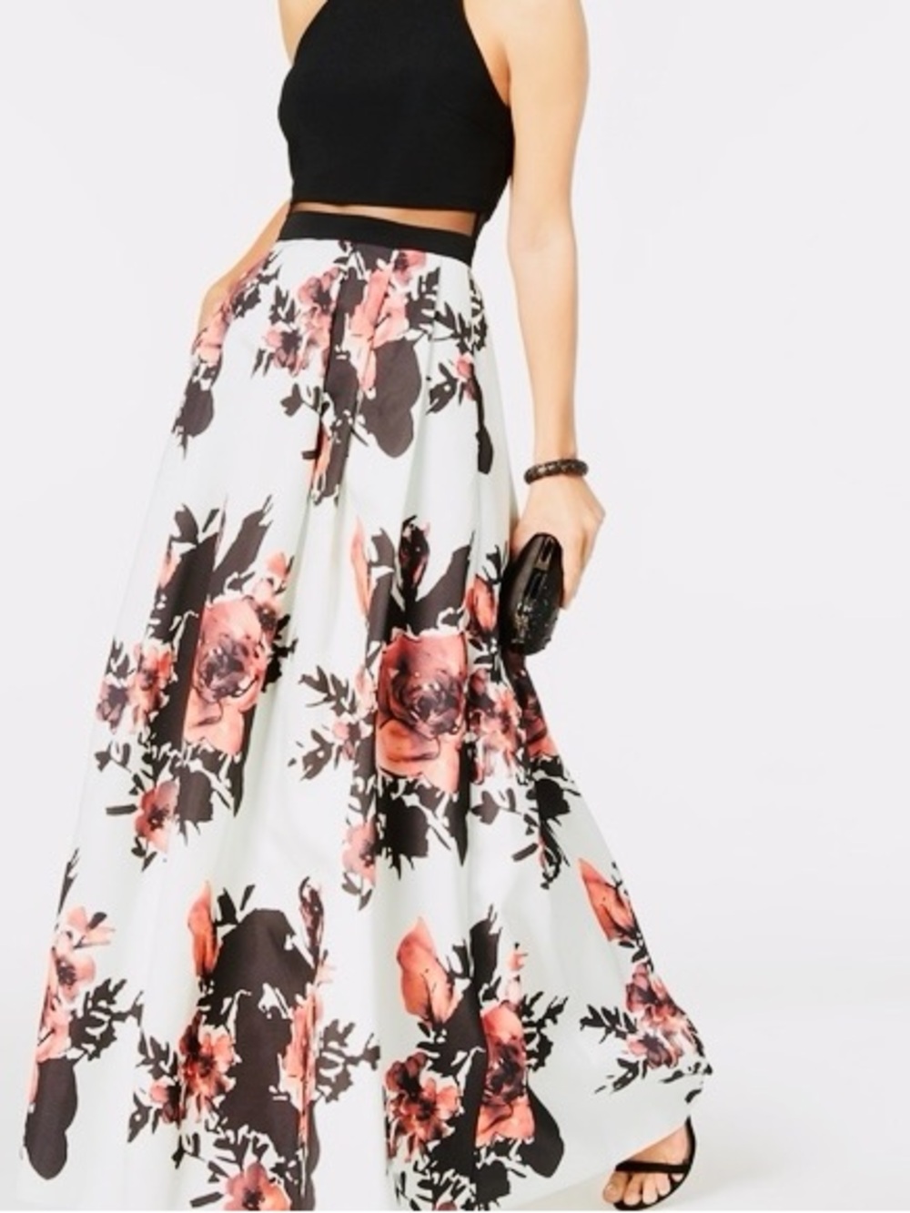 Betsy & Adam White Maxi Skirt with Pink Floral Print